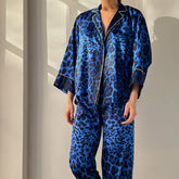 Blauer Leopardenmuster, locker, bequem, weich, Pyjama, Strickjacke, Hose, zweiteilig, Heimkleidung